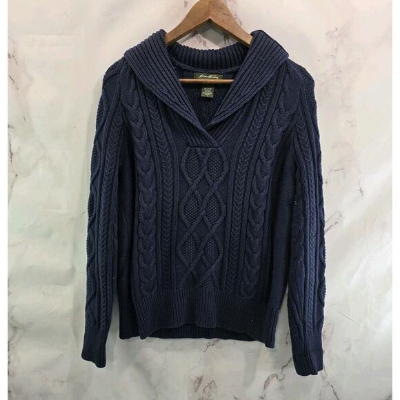Vintage Eddie Bauer Sweater Womens Large Petite Navy Blue Cable Fisherman V - Picture 1 of 10